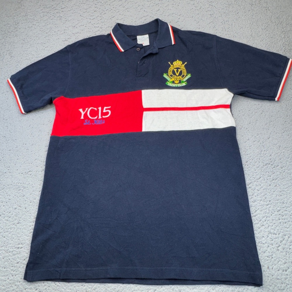 St. Kitts Polo Shirt Mens Medium Navy Red Yacht Club Nautical Sailing Resort